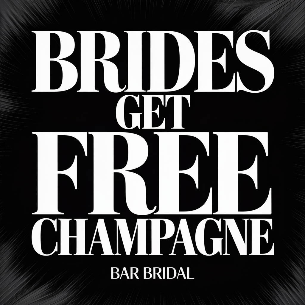 Bridal promotion poster reading “Brides Get Free Champagne” in white text on a black background