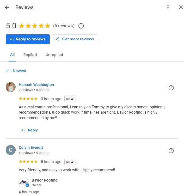 sample google reviews for a roofing company