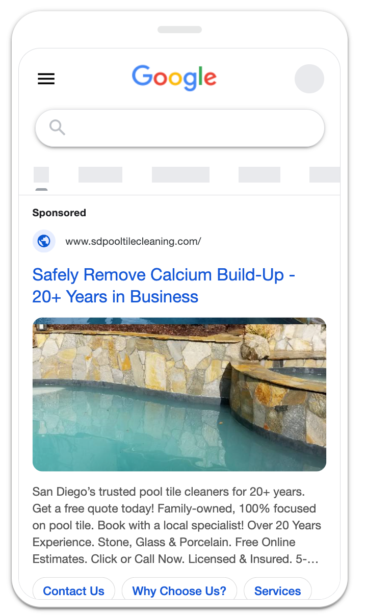 preview of san diego pool tile cleaning google search ads