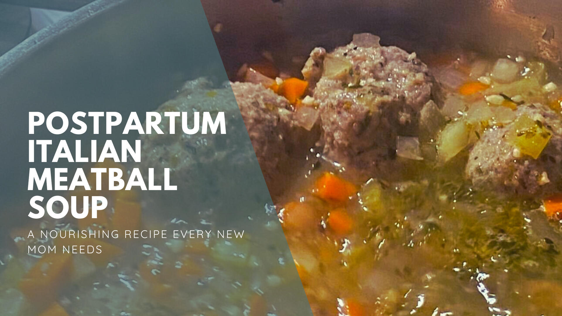 Close-up of hearty postpartum Italian meatball soup with carrots, onions, and broth simmering in a pot.