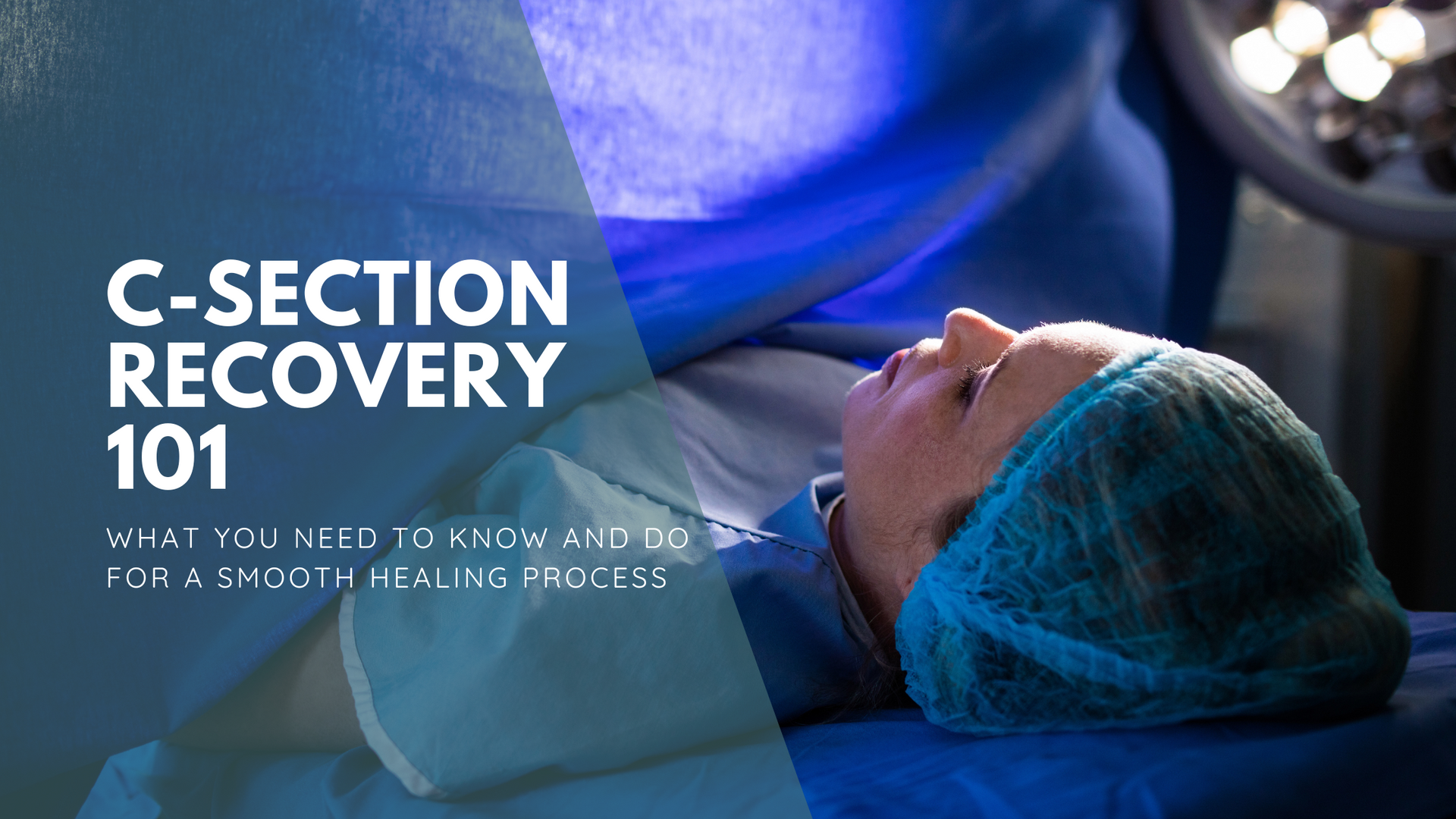 Person lying in a hospital bed under surgical lights during C-section recovery.