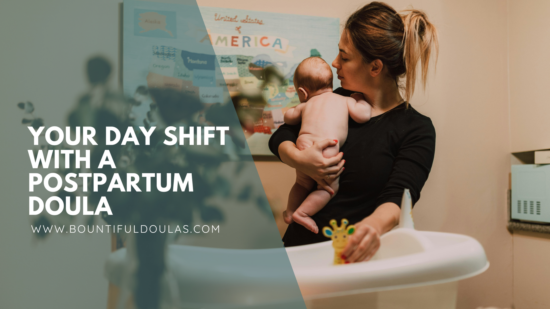 Postpartum doula holding a baby during a daytime visit in a cozy, homey kitchen.