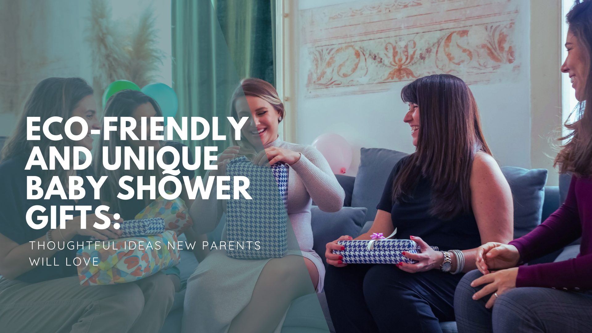 Group of friends exchanging baby shower gifts in a cozy living room setting.