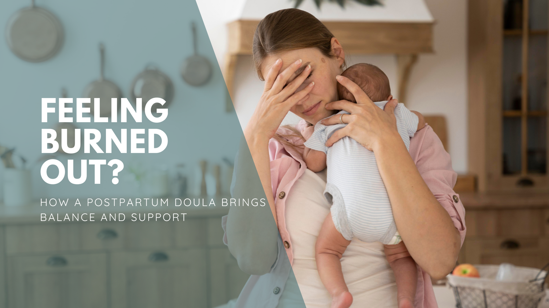 Tired parent holding a newborn and covering face during a moment of exhaustion.