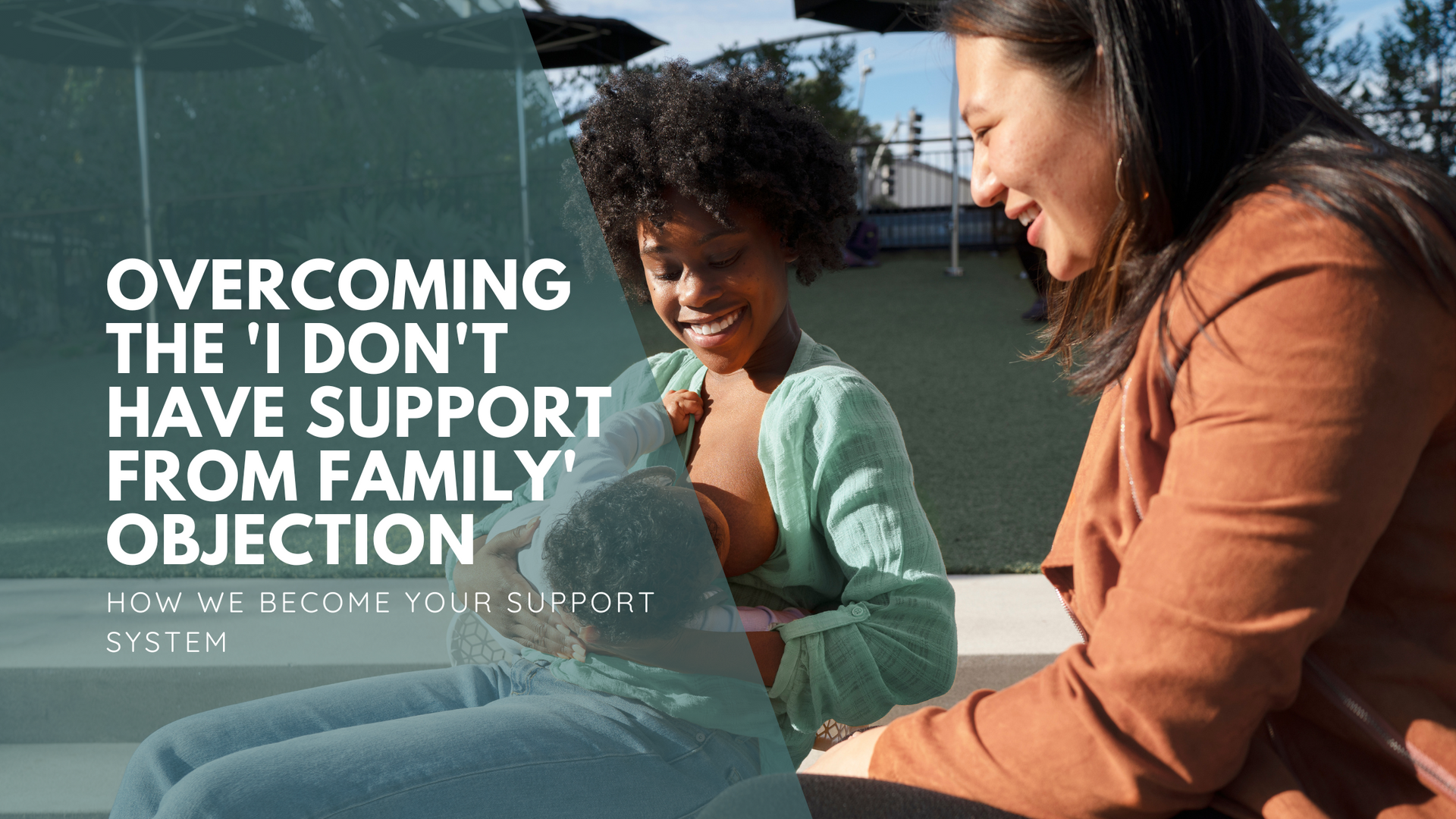 Two postpartum parents sharing a laugh and offering support while sitting on a bench in the sun.
