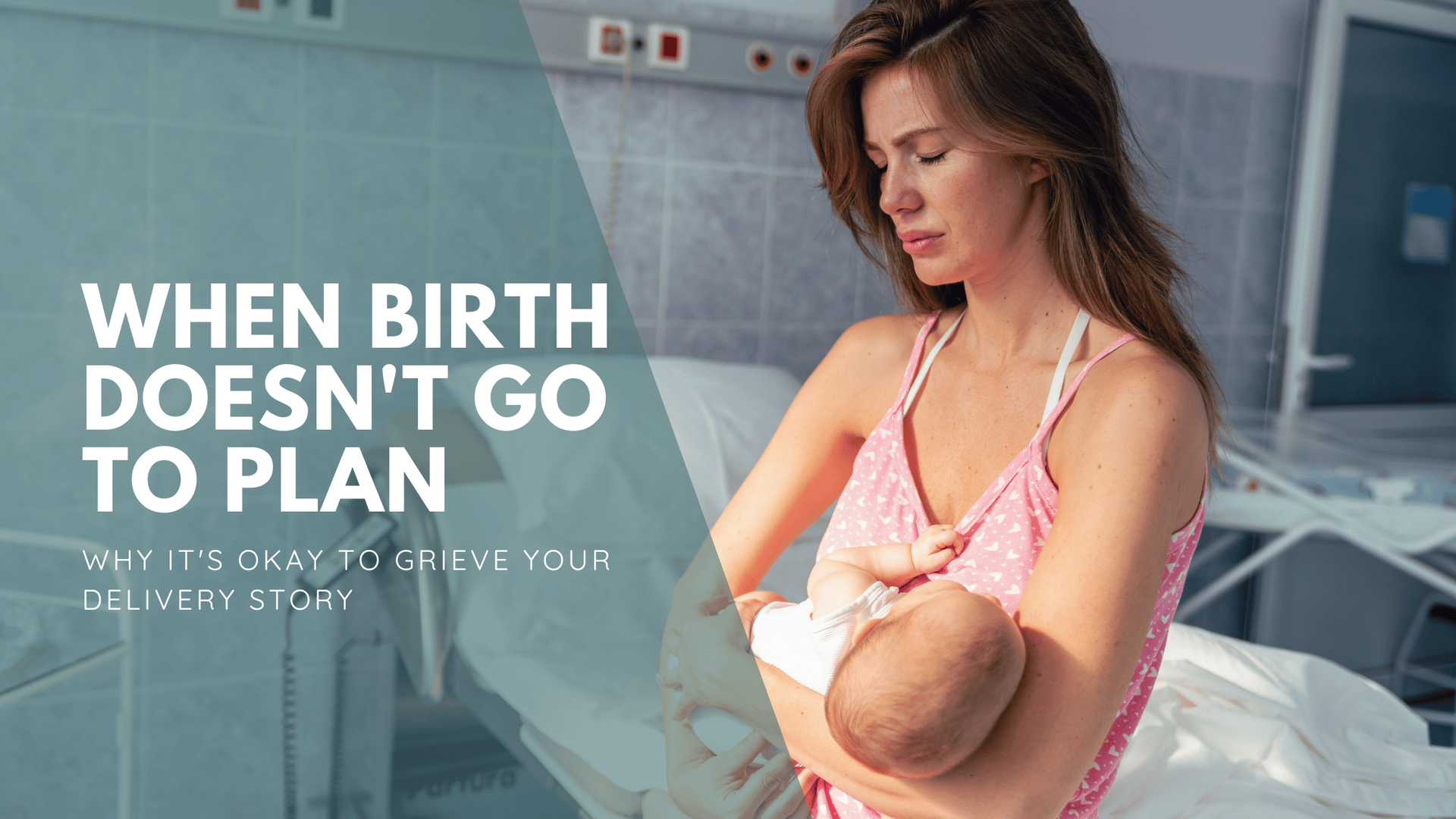 A mother holds her baby in a hospital room, with overlay text