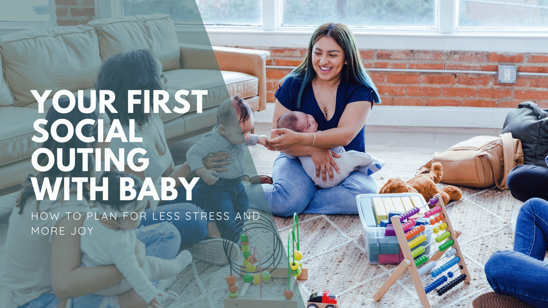 A group of parents and babies sit on a living room floor, surrounded by toys. Text reads,
