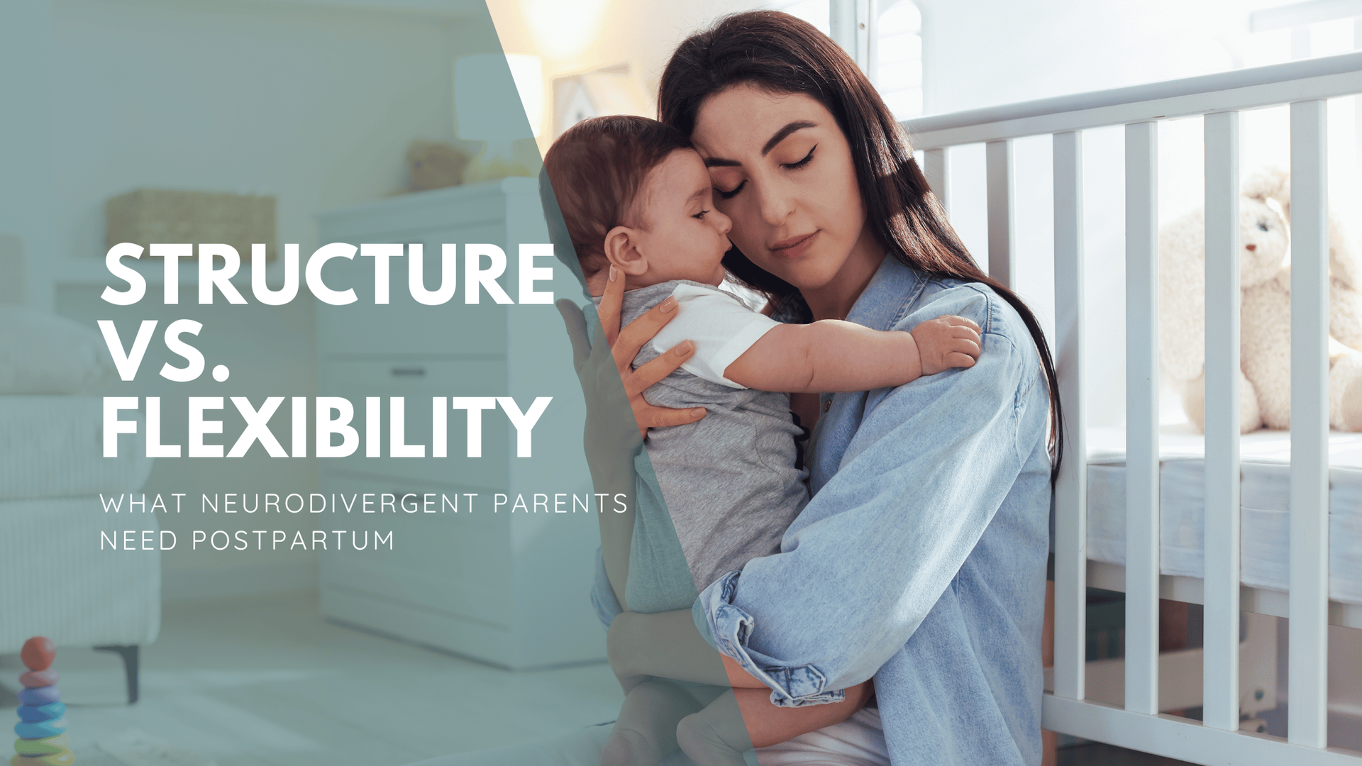 A mother in a cozy room gently holds her sleeping baby, exuding calm. Text reads,