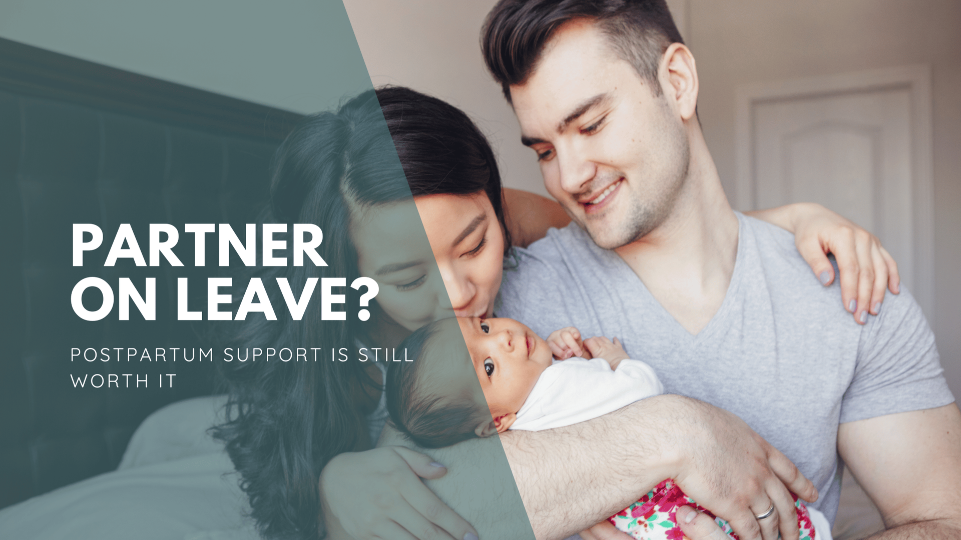 A smiling couple holding their baby. Text says,