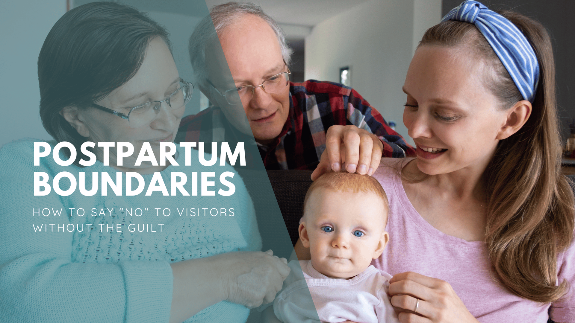 A smiling mother holds her baby, while grandparents sit nearby. Text reads