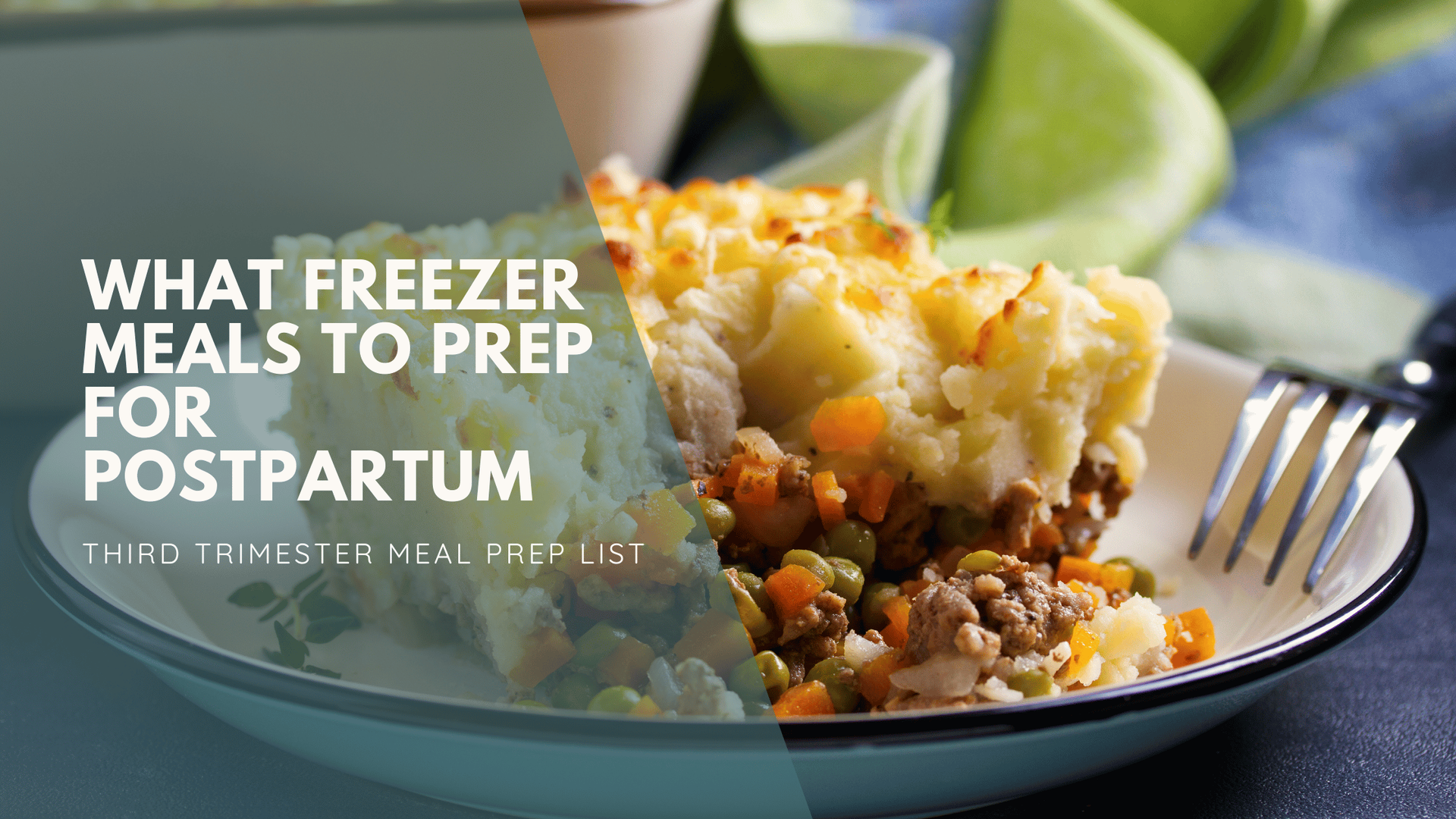 A close-up of a plate with a slice of shepherd's pie, showing layers of mashed potatoes and vegetables. Text overlay: