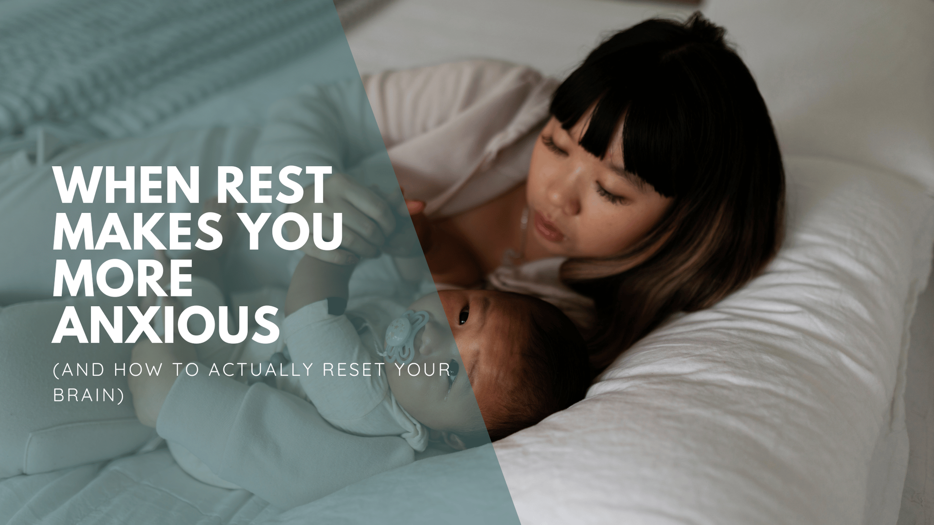 A mom and baby on a bed with text that reads 