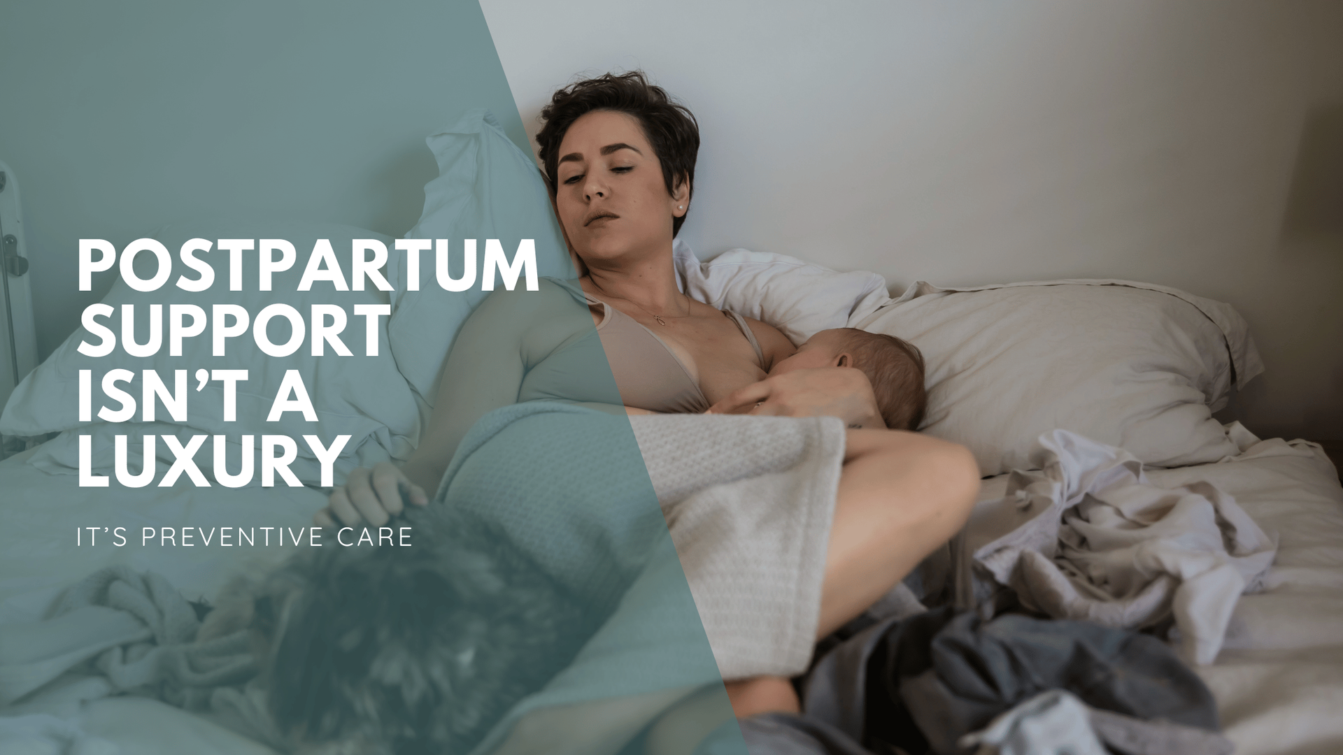 A tired woman rests in bed with a newborn, surrounded by crumpled sheets. Text overlays read, 