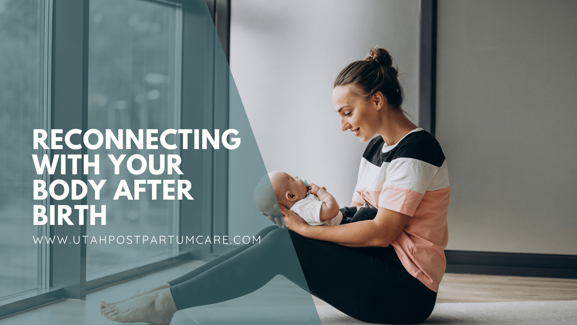 A woman sits on a yoga mat while holding her baby.
