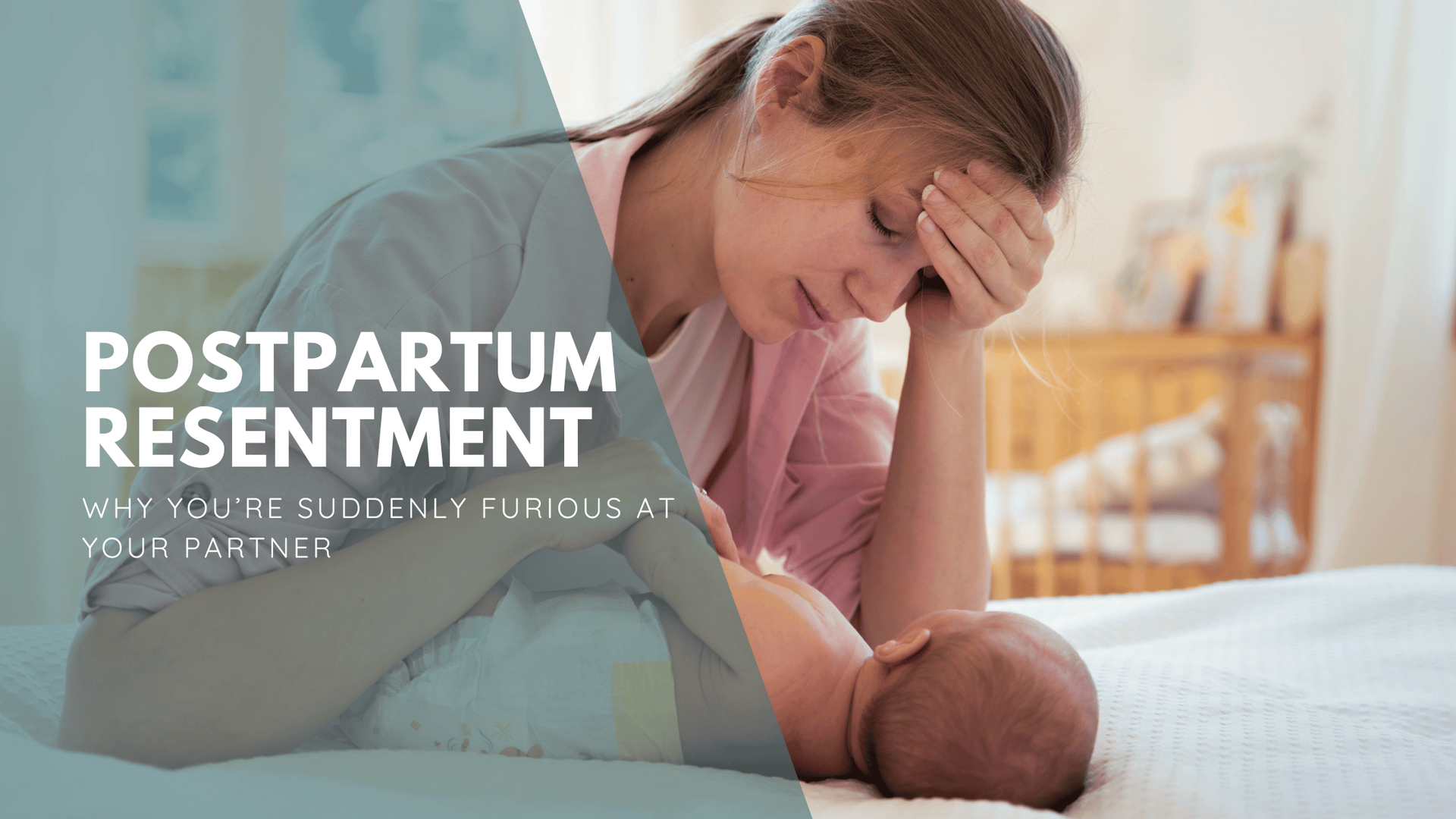 A tired mother rests her head in her hand while holding her baby. Text reads 