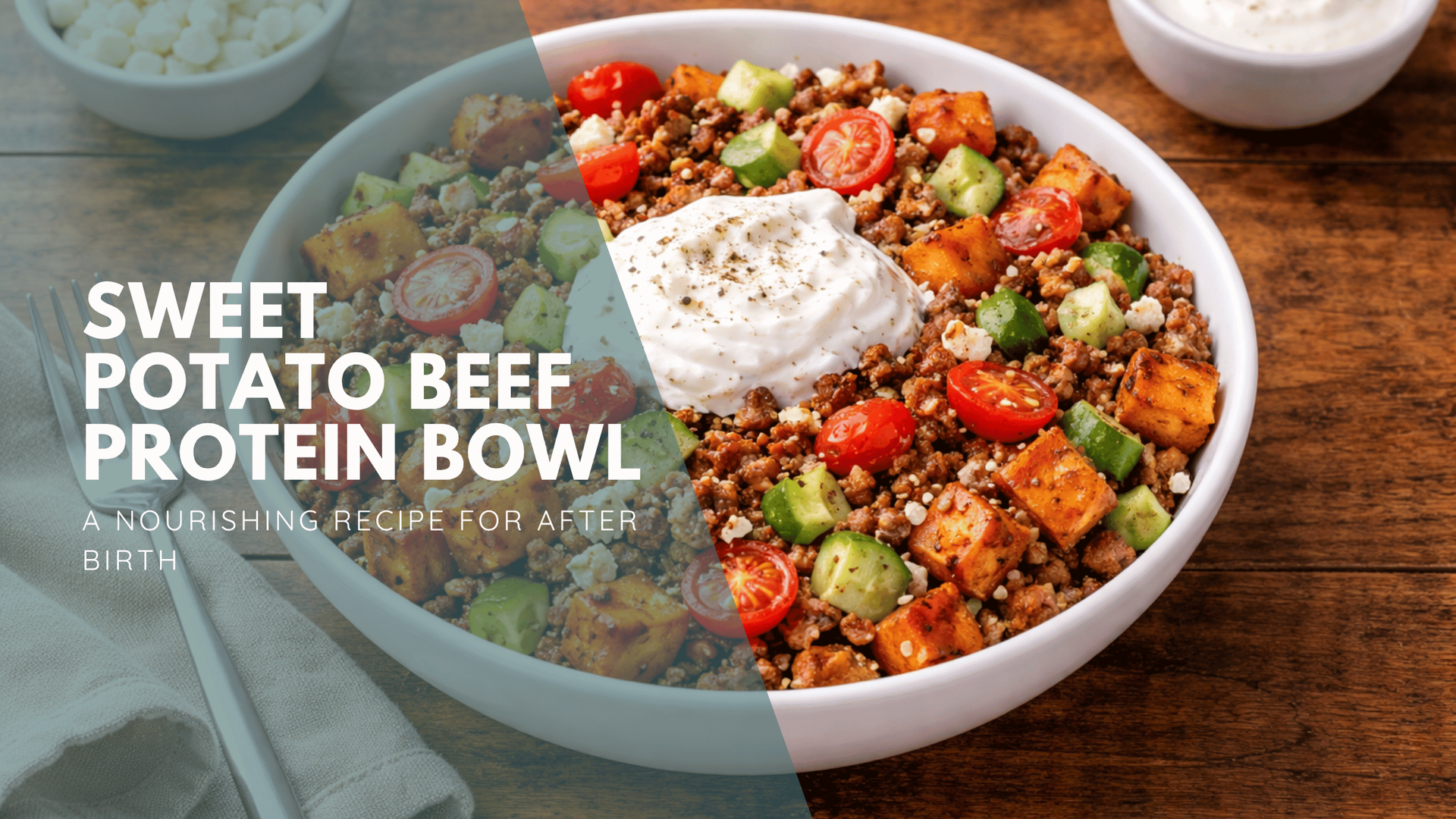 A bowl filled with a sweet potato, beef, and vegetable mix topped with a dollop of greek yogurt.