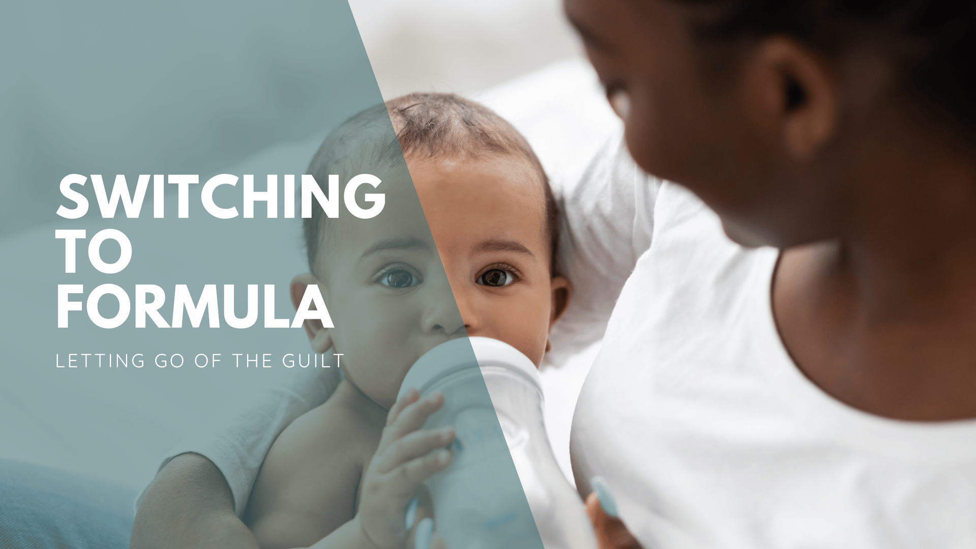 A mother holds her baby, who drinks from a bottle. Text reads