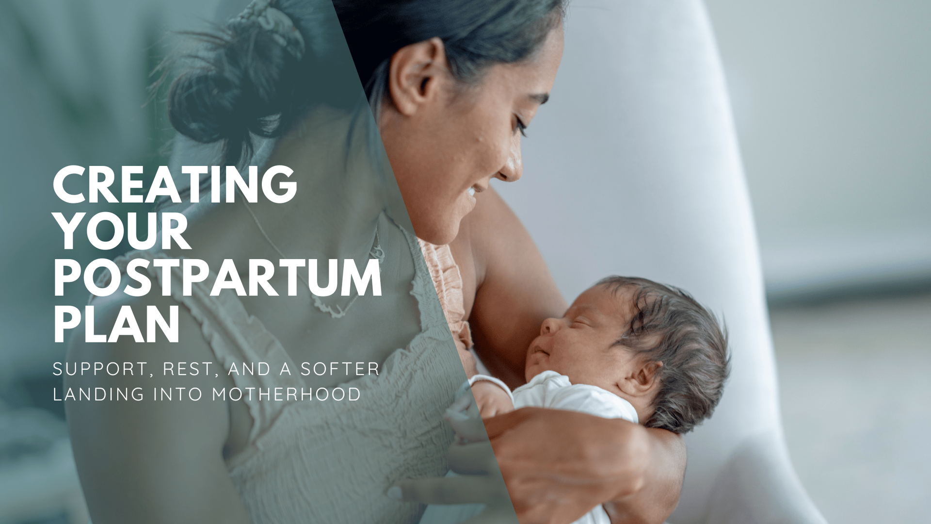 A mother lovingly cradles her newborn, smiling tenderly. Text reads: 