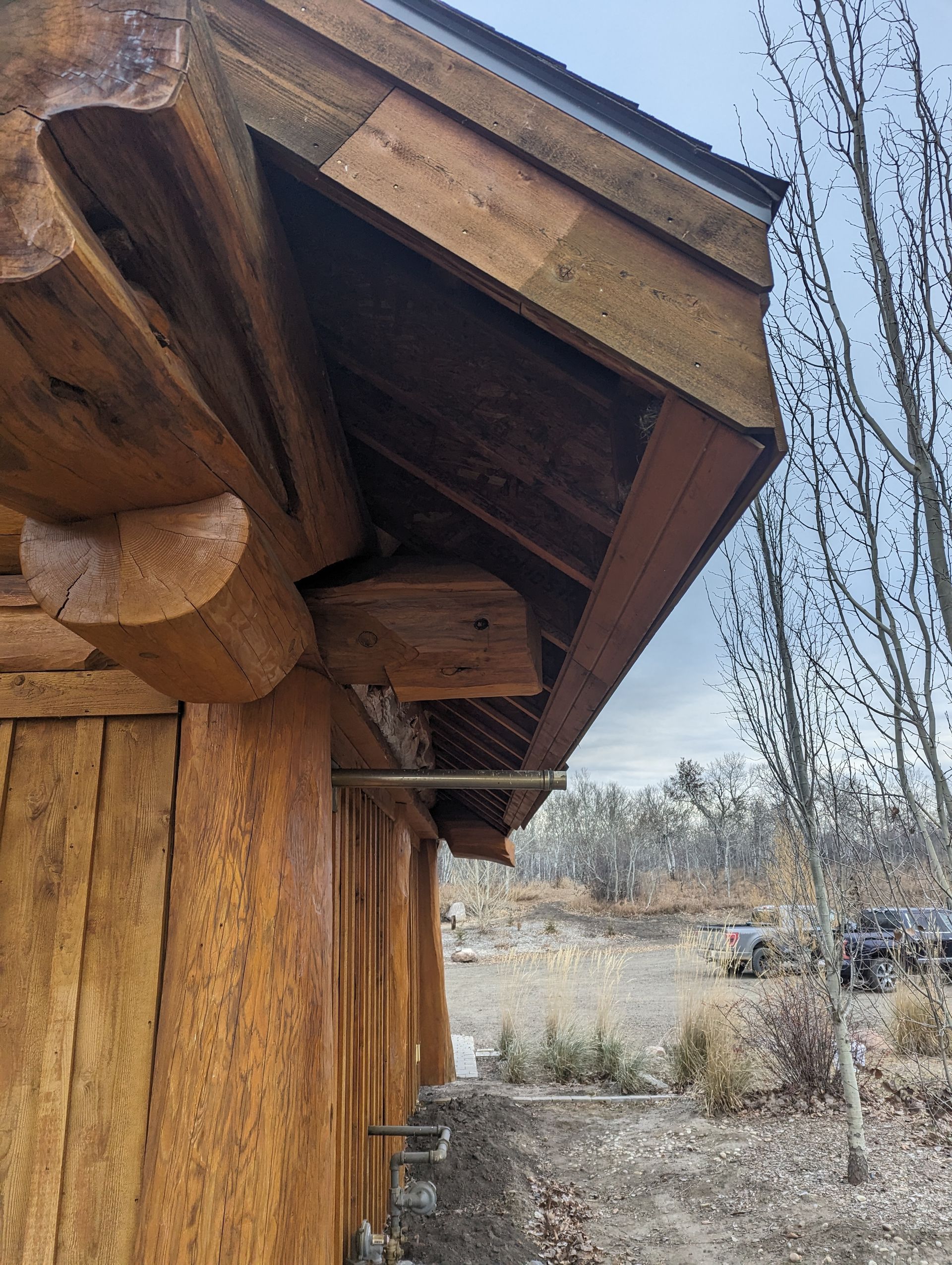 Wooden cabin exterior with overhanging roof. Logs are visible, set in a natural landscape.