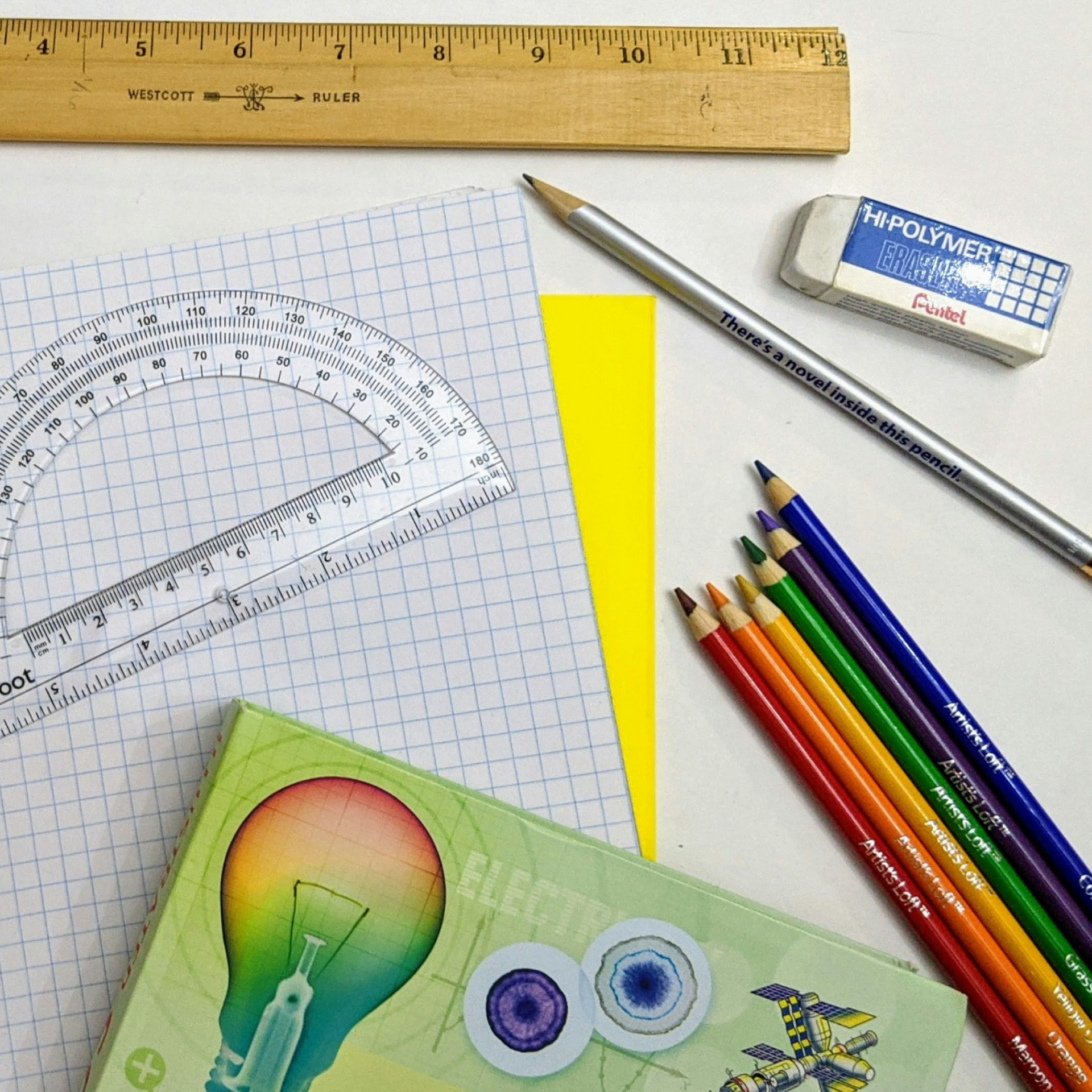 School supplies: ruler, protractor, grid paper, pencils, eraser, triangle, and book.