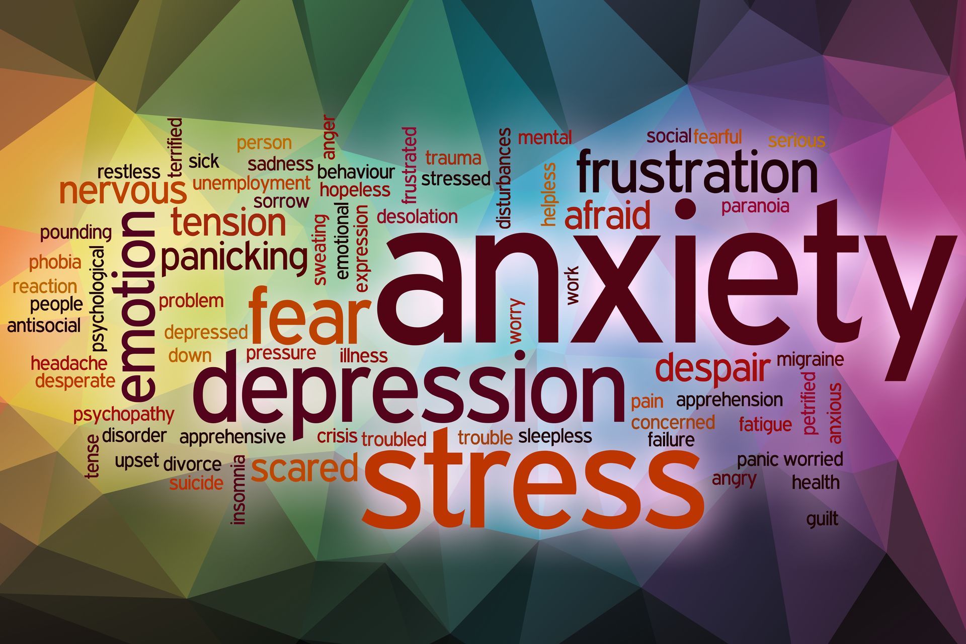 Word cloud on a colorful geometric background featuring 