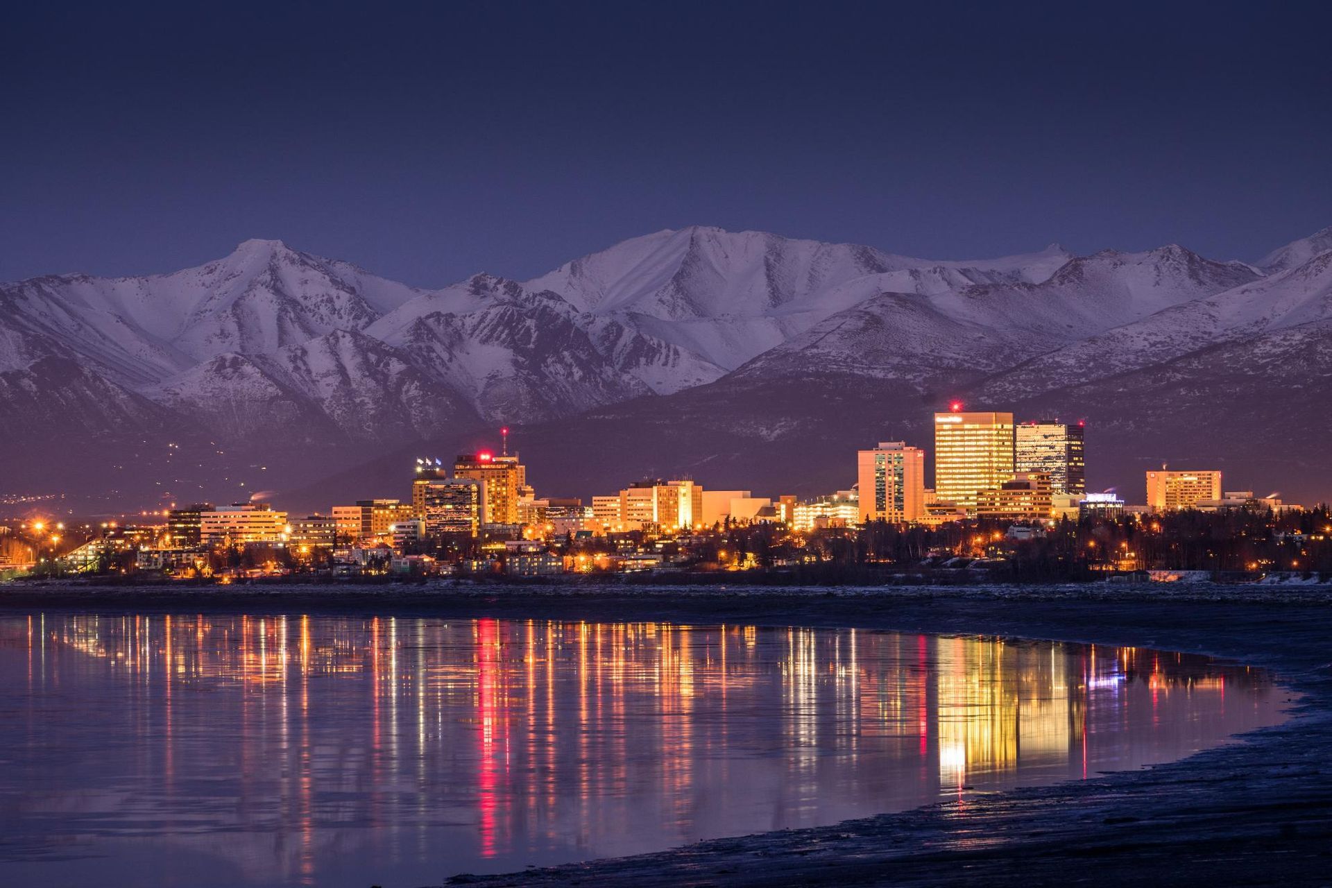skyline of Anchorage, AK at twilight