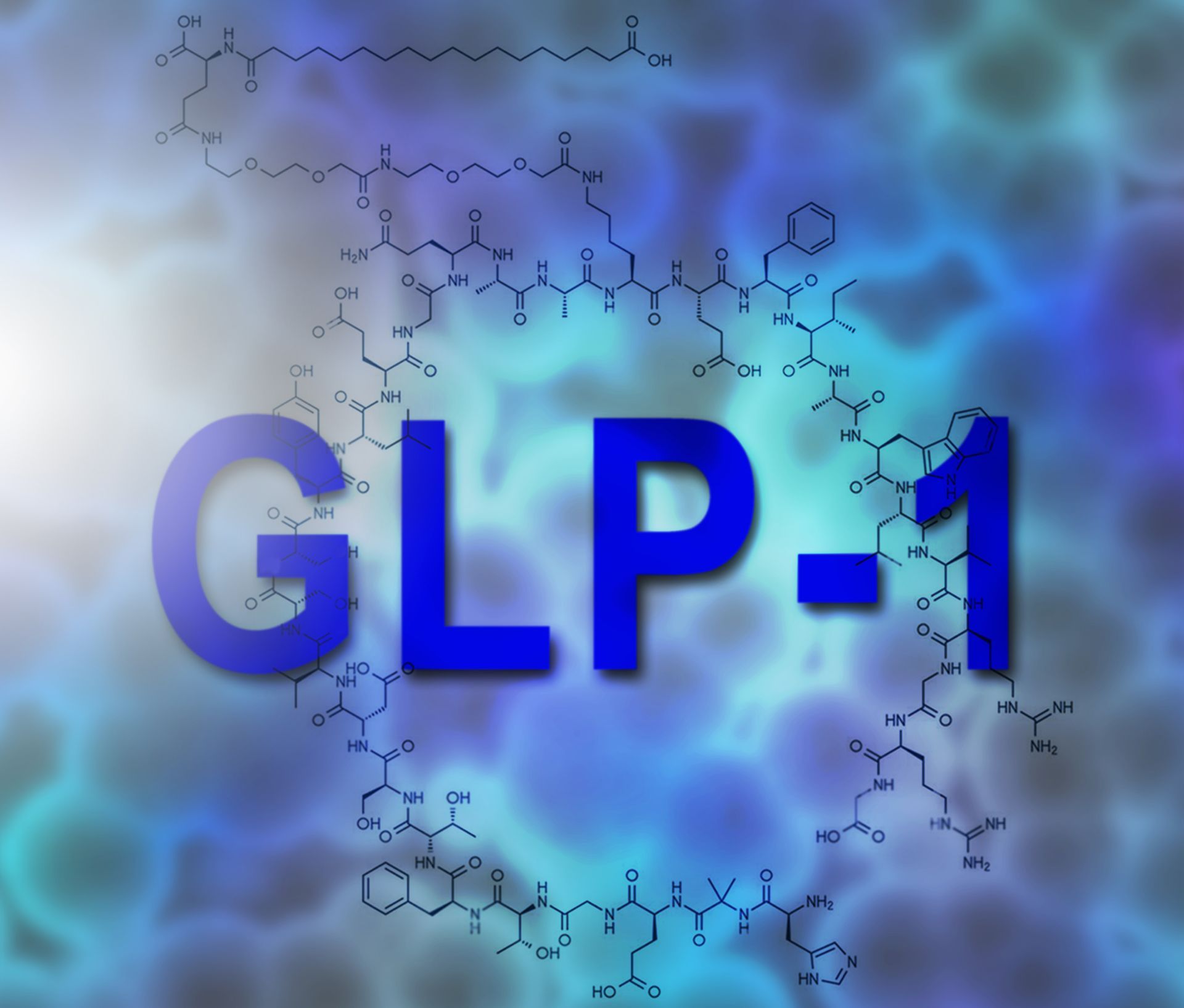 Blue molecular background with large GLP-1 text in the center