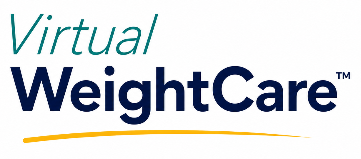 Virtual WeightCare logo with teal and navy text and a yellow underline