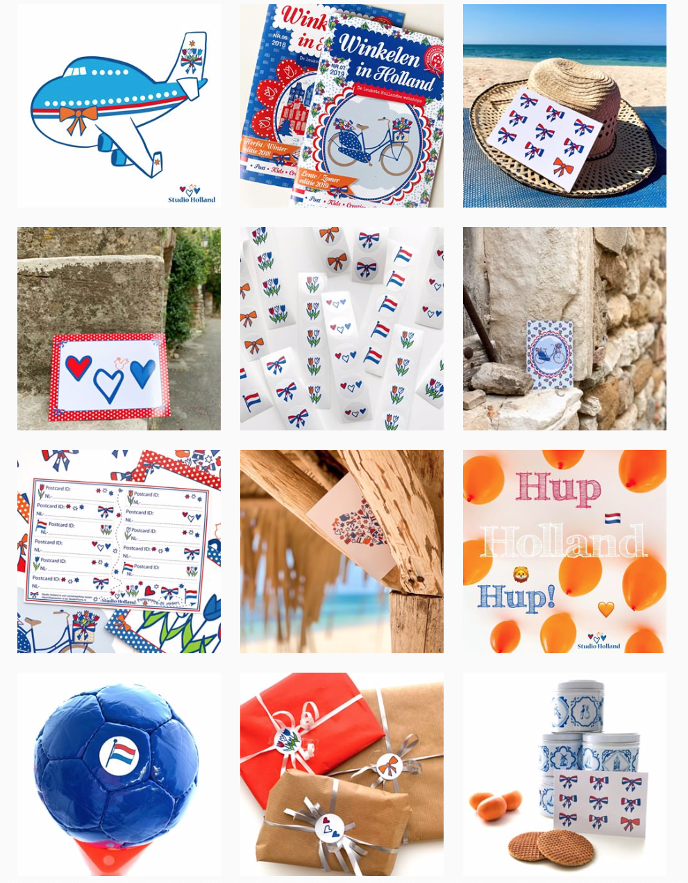 Een collage van Studio Holland foto's met kaarten, stickers, hartjes, fiets en oranje ballonnen