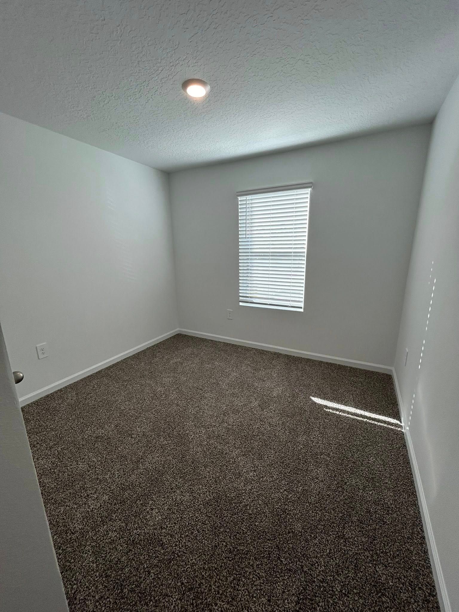 Empty room with beige carpet, white walls, small window with blinds, and ceiling light.