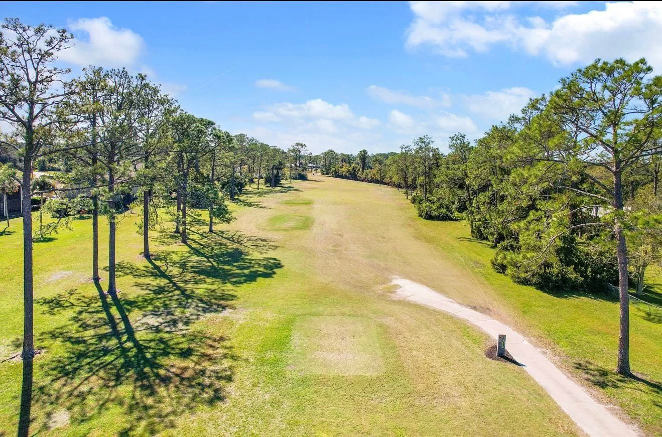 Open fairway with trees and a pathway on a sunny day.