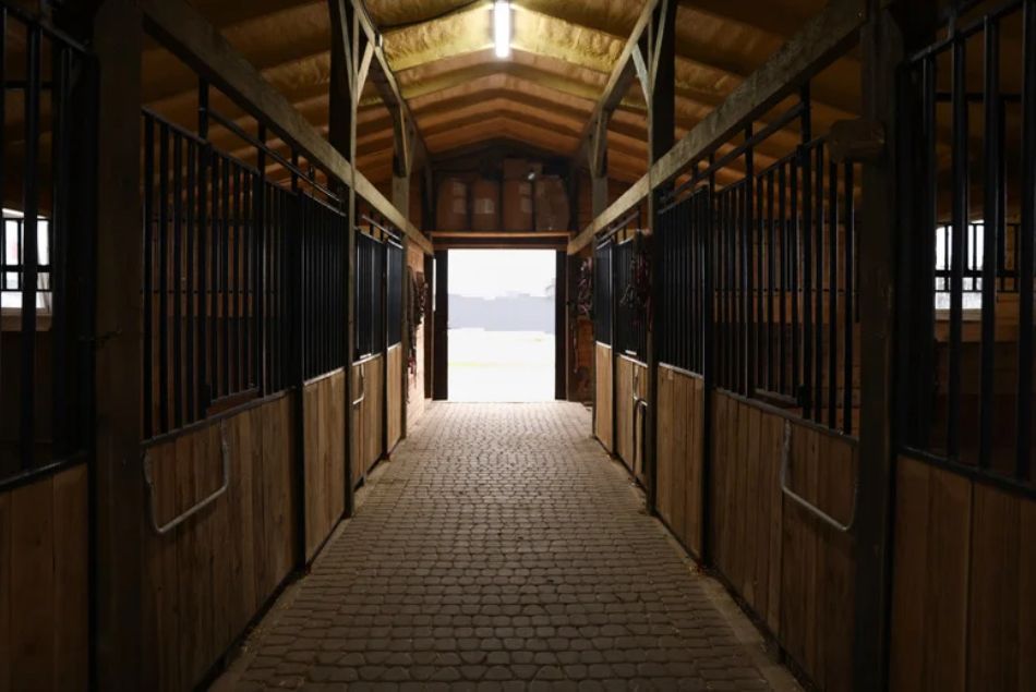 Empty wooden stable corridor with open doorway to daylight at the far end