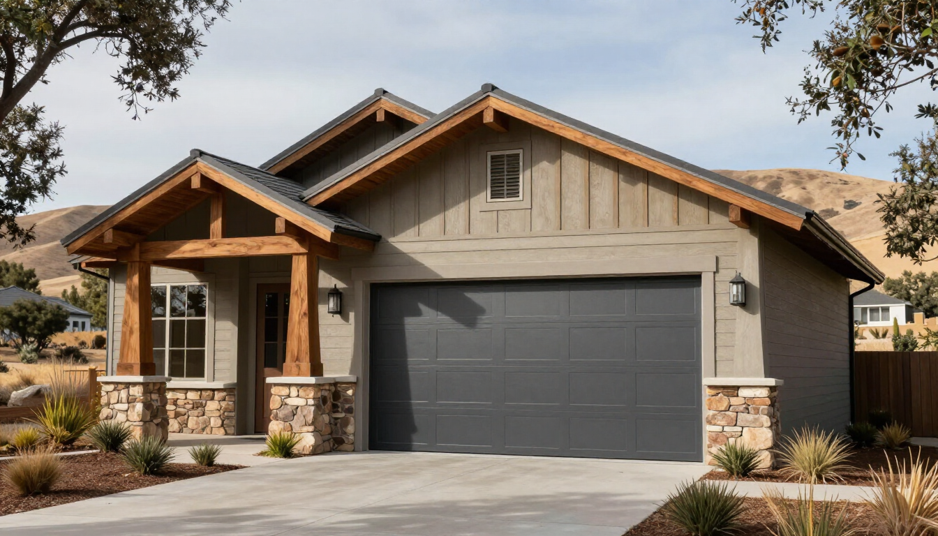 Modern charcoal gray steel garage door installed on a Sacramento home.