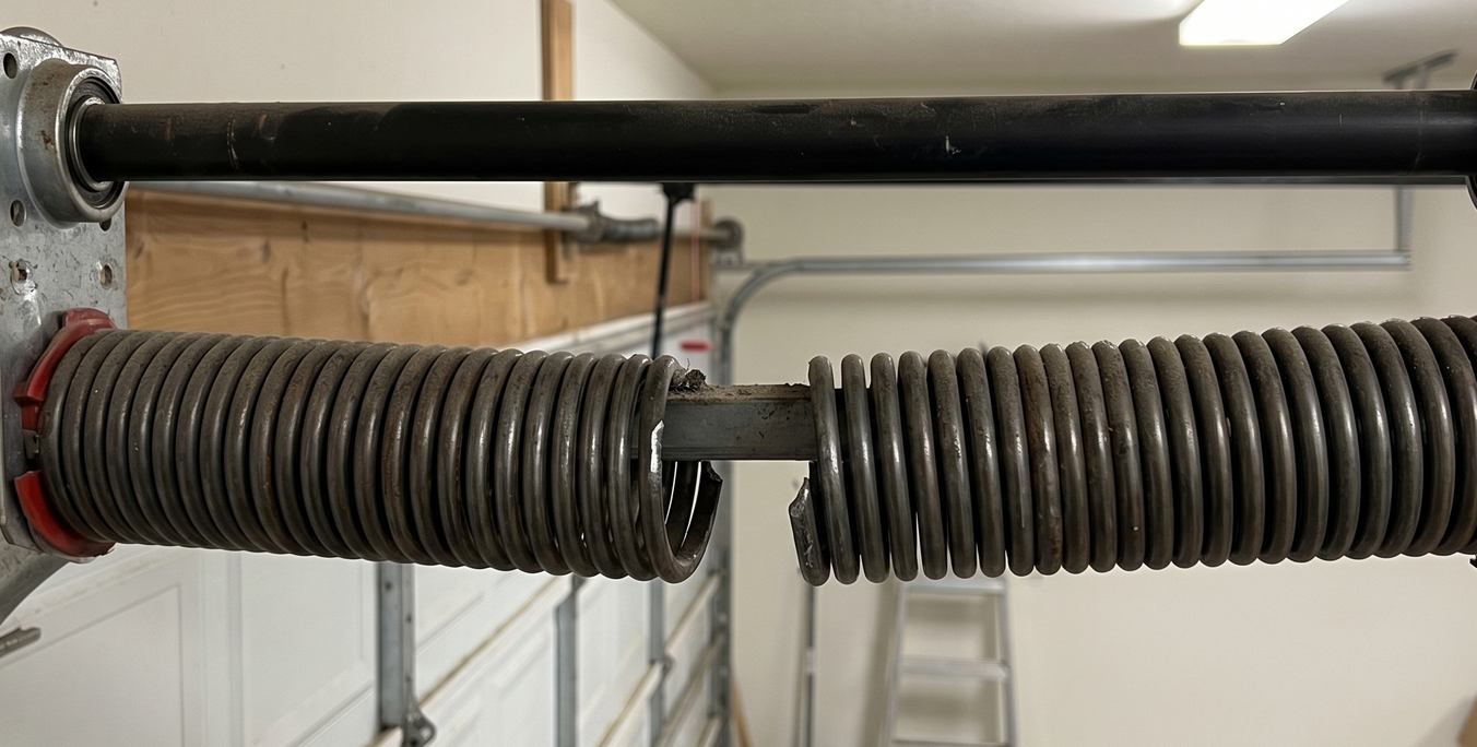 Broken garage door torsion spring requiring professional repair