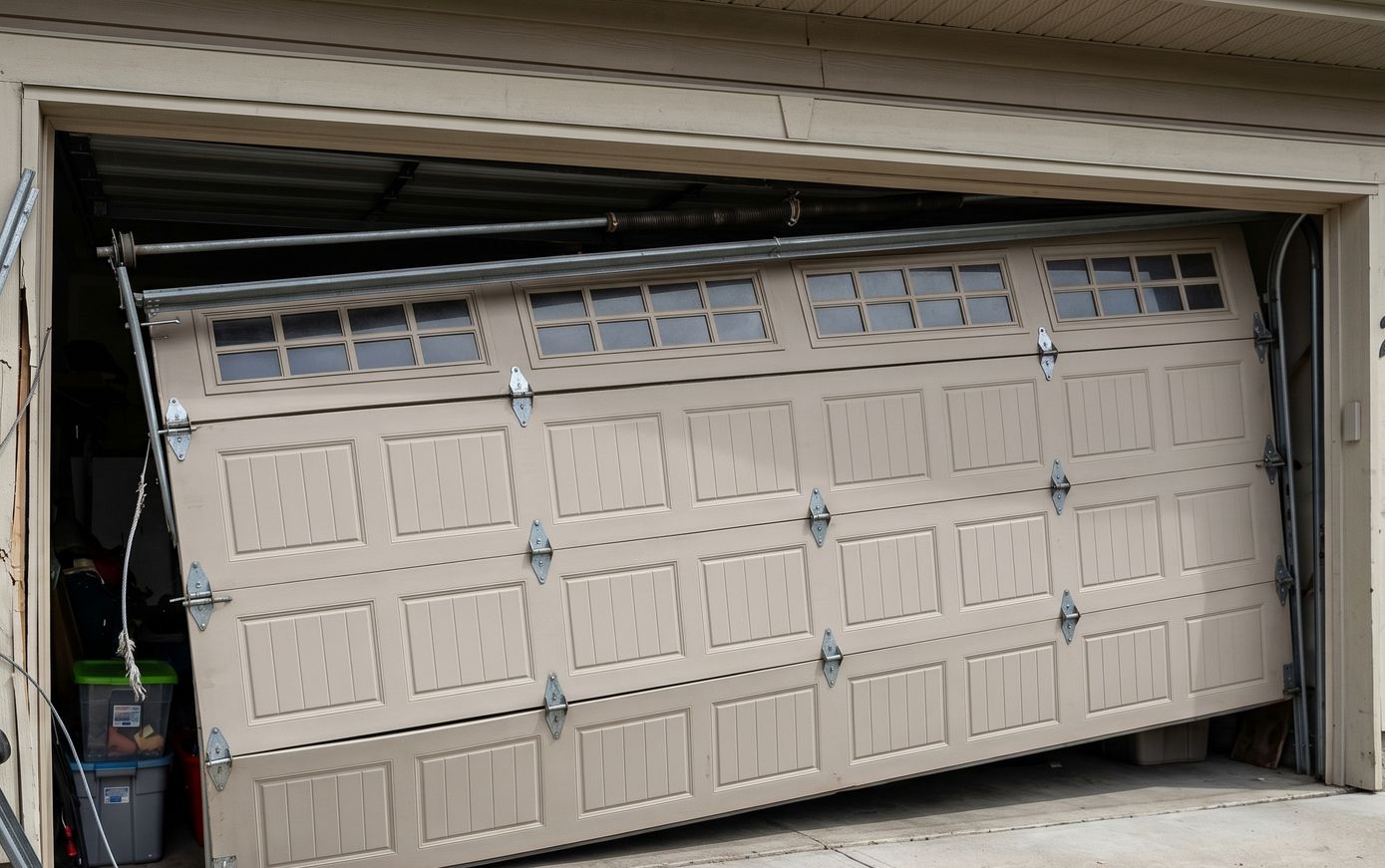Partially open beige garage door in a driveway, tilted and jammed inside the frame