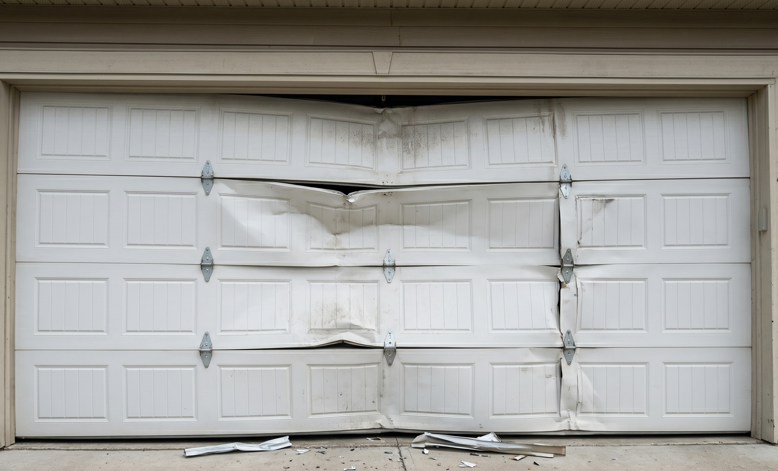 Damaged white garage door with large dents and torn panels