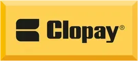 Clopay logo in black on a yellow background