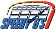 SPEEDY G's Garage Doors logo with blue text over a stylized tire tread and red, orange, and blue swoosh lines