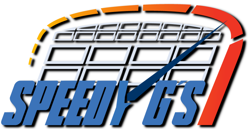 SpeedyG's logo with blue text and a stylized orange-red racing track graphic