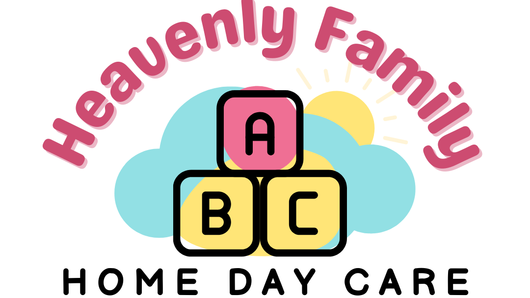 The logo for heavenly family home day care shows a cloud and blocks.