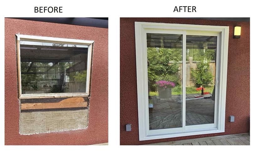 Before and after photo of a home renovation replacing a window with a sliding glass door on a red stucco exterior.