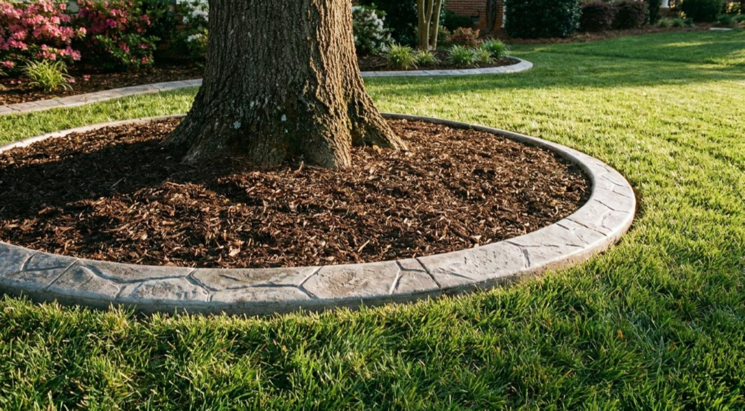 Tree in a landscaped mulch bed bordered by a curved stone edge, with green grass around it