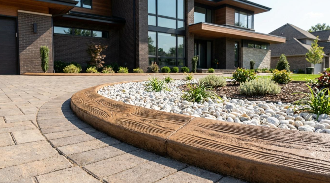 Modern house exterior with curved stone walkway and landscaped rock garden