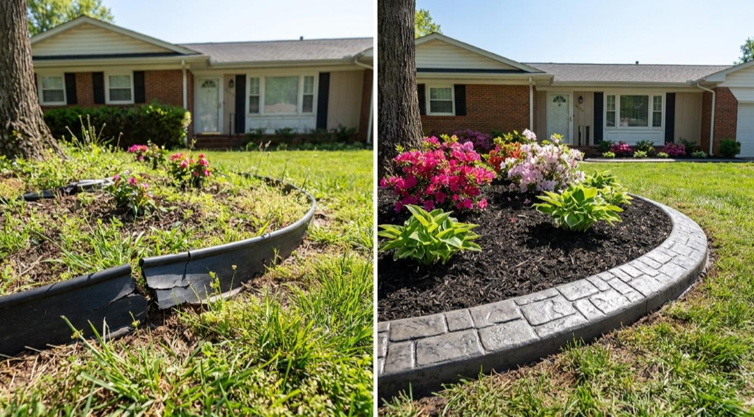 Before-and-after front yard landscaping with a damaged curb replaced by a curved stone border and flowers