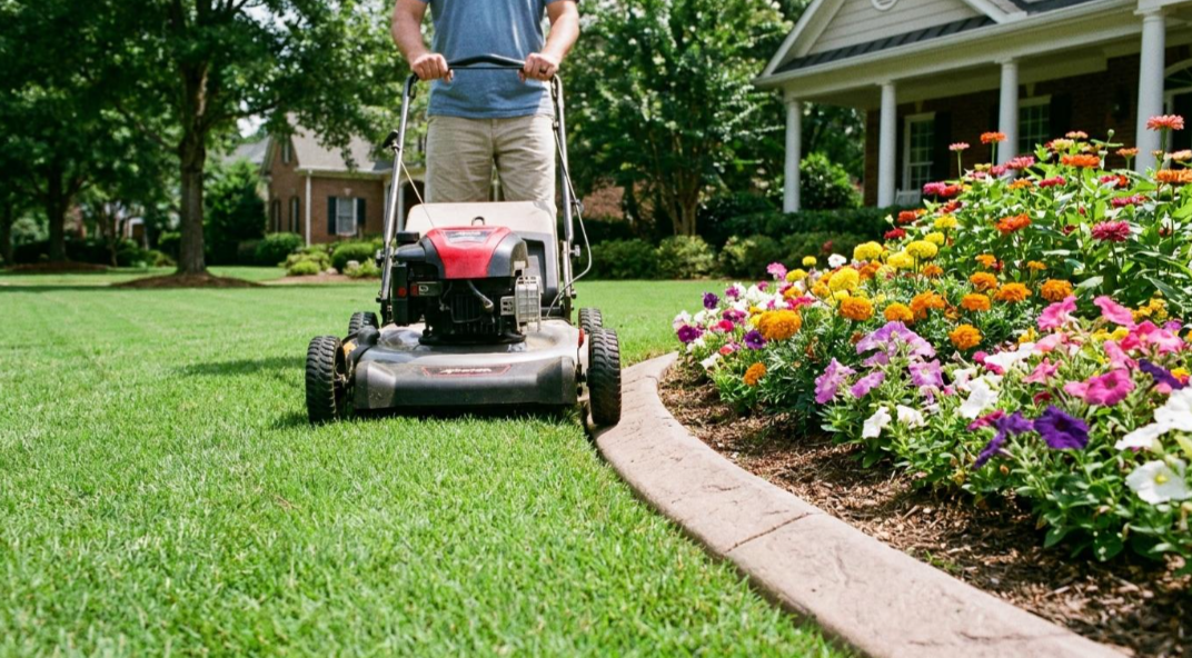 Person mowing a green lawn beside a flower bed in a suburban yard