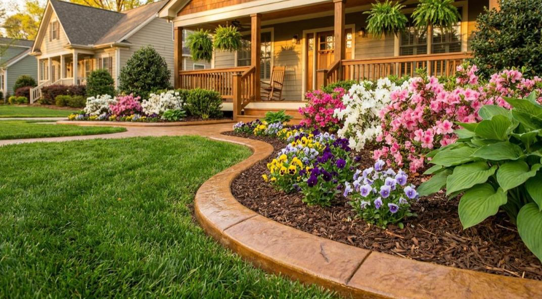 Landscaped suburban home with curved garden bed, green lawn, and blooming pink flowers