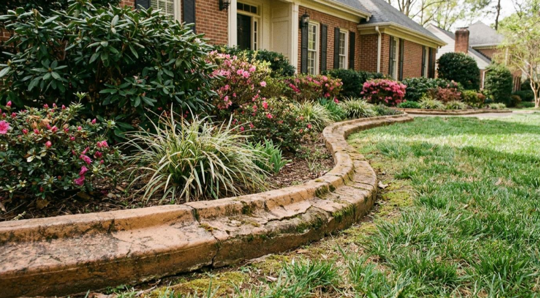 Curved stone garden border beside a brick house, with green lawn and pink flowering shrubs.