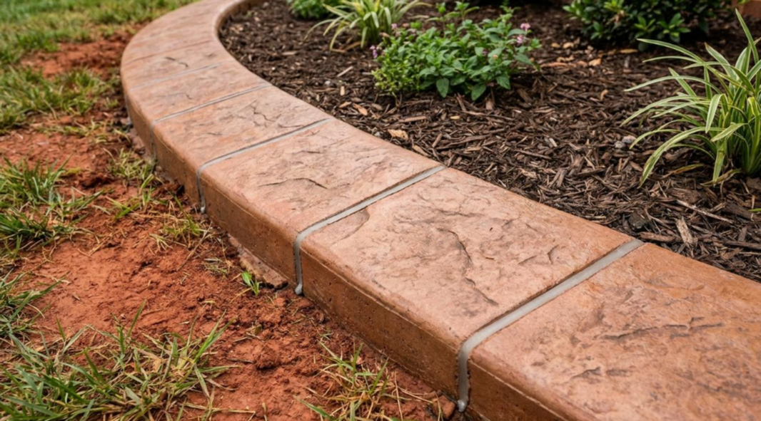 Curved concrete garden border edging red mulch and green plants