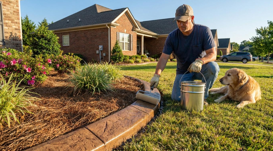 Gardener edging a flower bed with a trowel beside a dog in a sunny suburban yard
