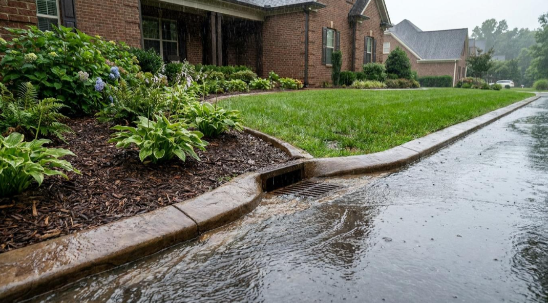 Rainy residential street with brick houses, green lawn, and wet curbside landscaping